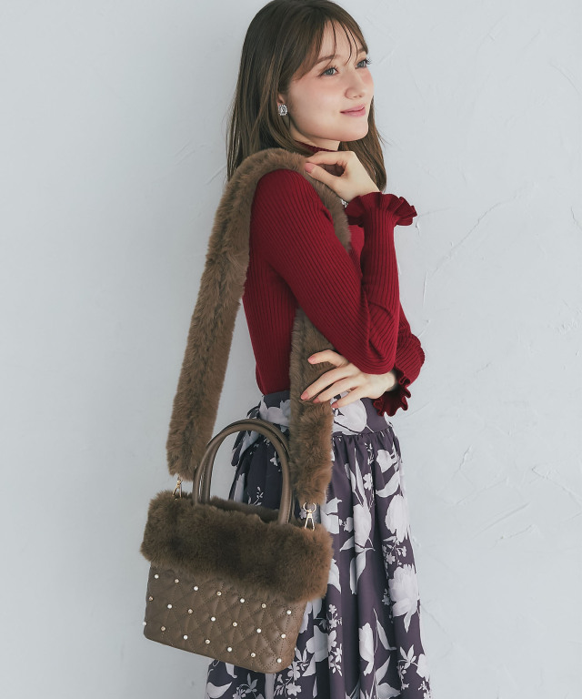 3WAYショルダー付きパールビジュー装飾ファー×ハートキルティング