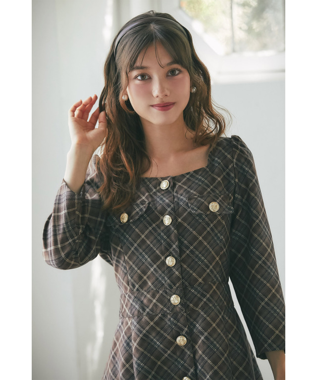 フロントボタンスクエアネックチェックミニワンピース