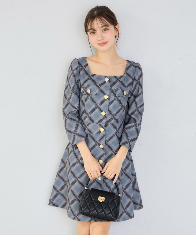 フロントボタンスクエアネックチェックミニワンピース