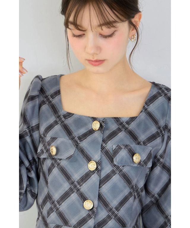 フロントボタンスクエアネックチェックミニワンピース