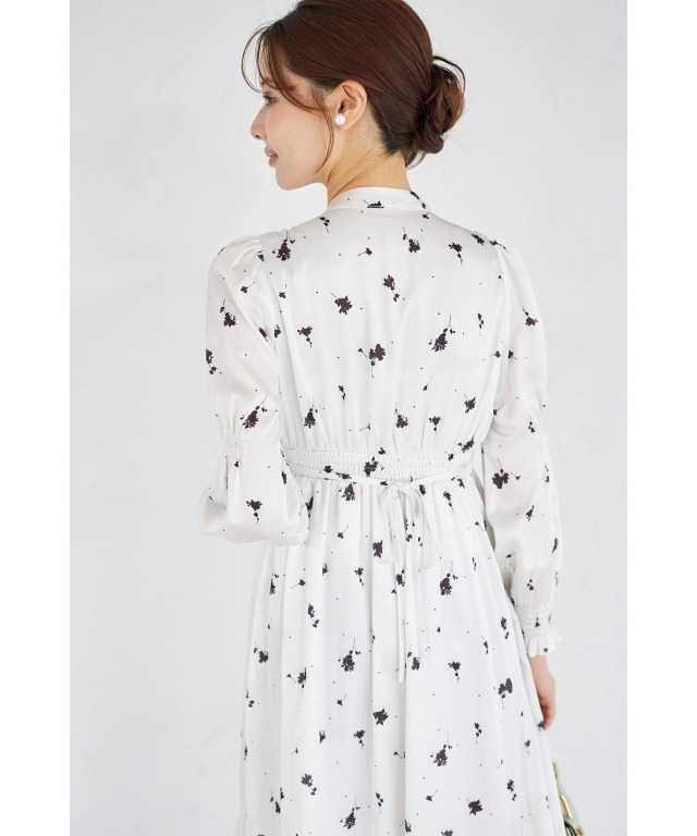 リボン付きシルエットフラワー×ペンシルドットプリントワンピース