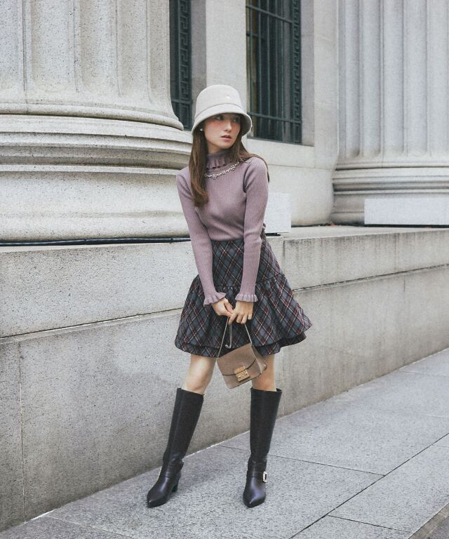 アーガイルチェック柄バックレースアップ2段ギャザーミニスカート