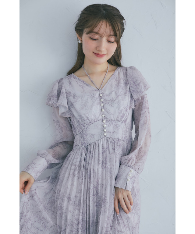 ラインフラワープリントシャーリングプリーツワンピース