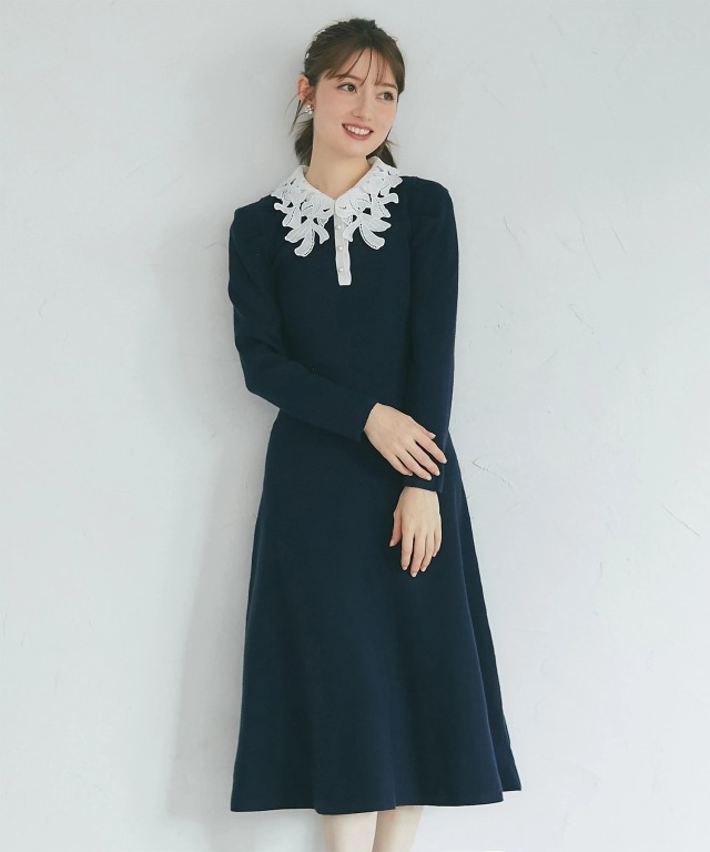2WAYリボンレース襟付きパール釦ニットワンピース
