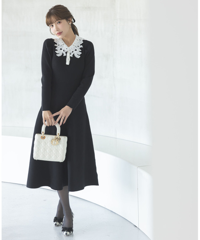 2WAYリボンレース襟付きパール釦ニットワンピース