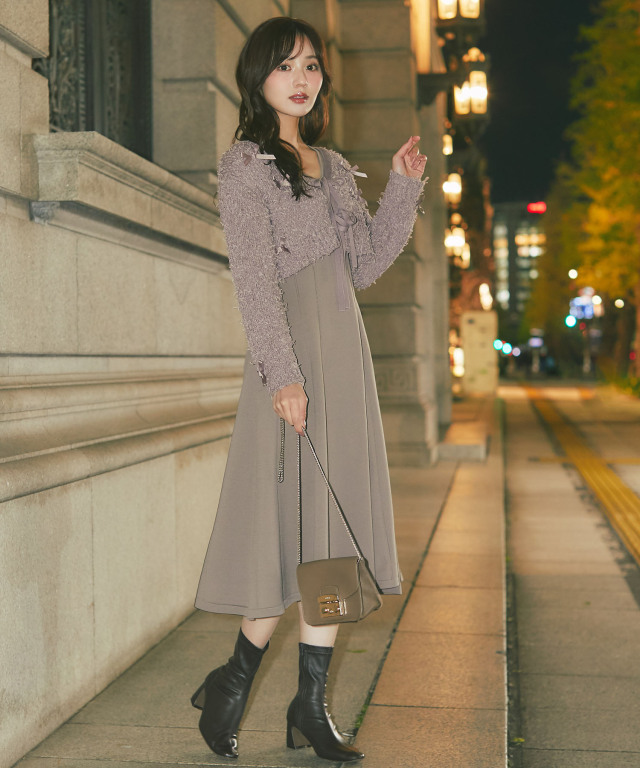 リボン付きニットボレロ×ニットワンピースセット