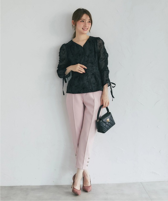 リボン付きフロッキーフラワープリントシアーブラウス