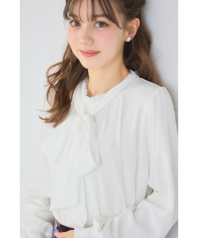 袖まで暖かい裏起毛♪取り外し可能なボウタイリボン付きシャーリング