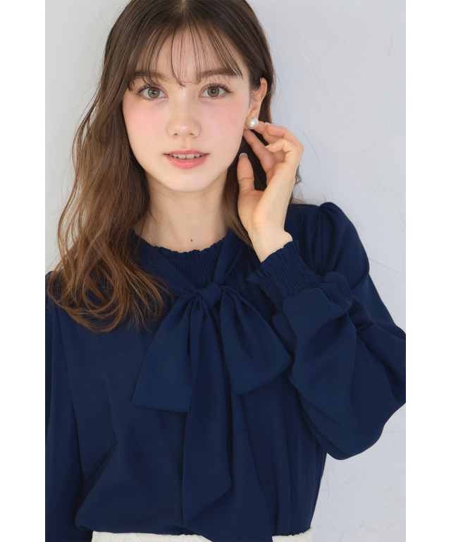 袖まで暖かい裏起毛♪取り外し可能なボウタイリボン付きシャーリング