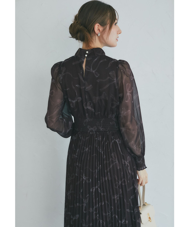 2WAYボウタイリボン付きリボンプリントシャーリングプリーツワンピース