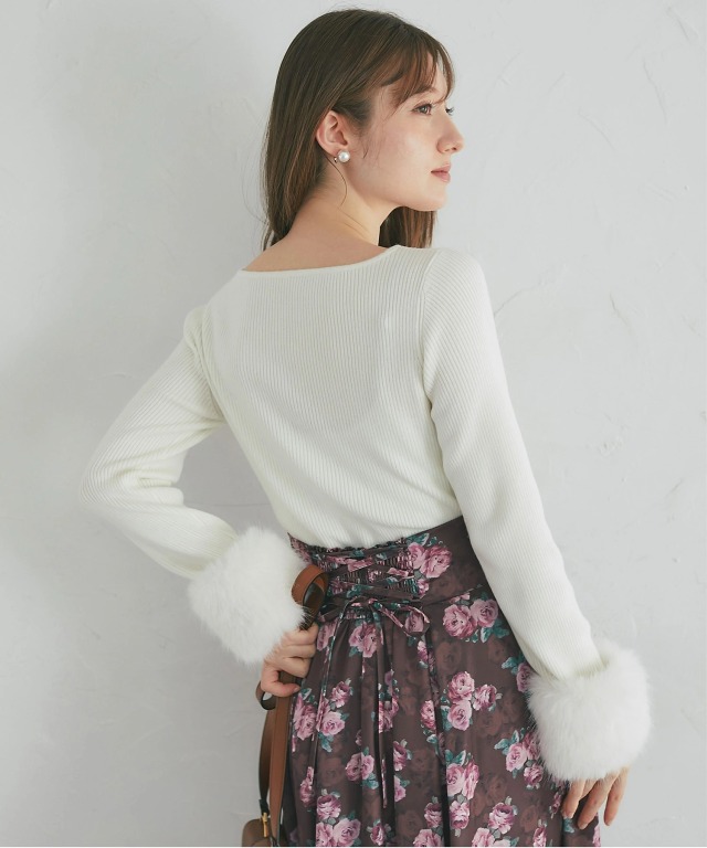 2WAY袖口ファー付きビジュー装飾ハートネックリブニットプルオーバー