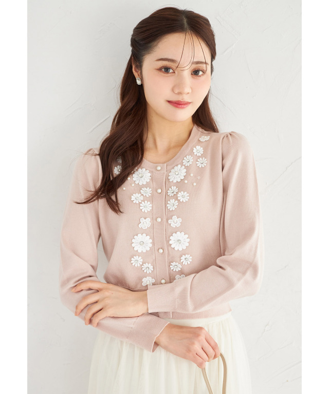 フラワーレースモチーフ付きパールビジュー装飾ニットカーディガン