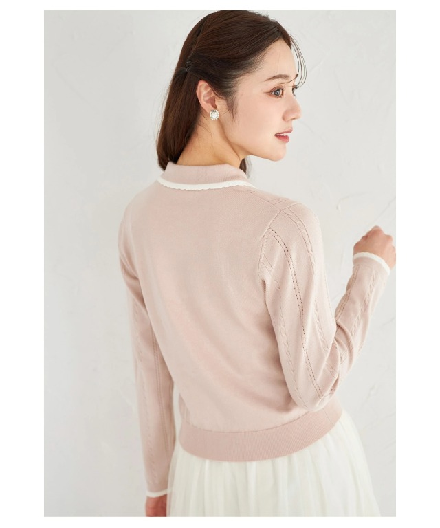 フラワー釦スカラップ配色ミニケーブルニットプルオーバー