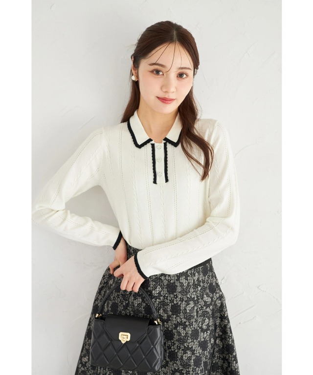 フラワー釦スカラップ配色ミニケーブルニットプルオーバー