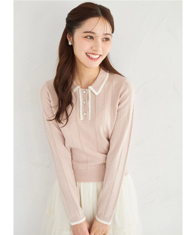 フラワー釦スカラップ配色ミニケーブルニットプルオーバー