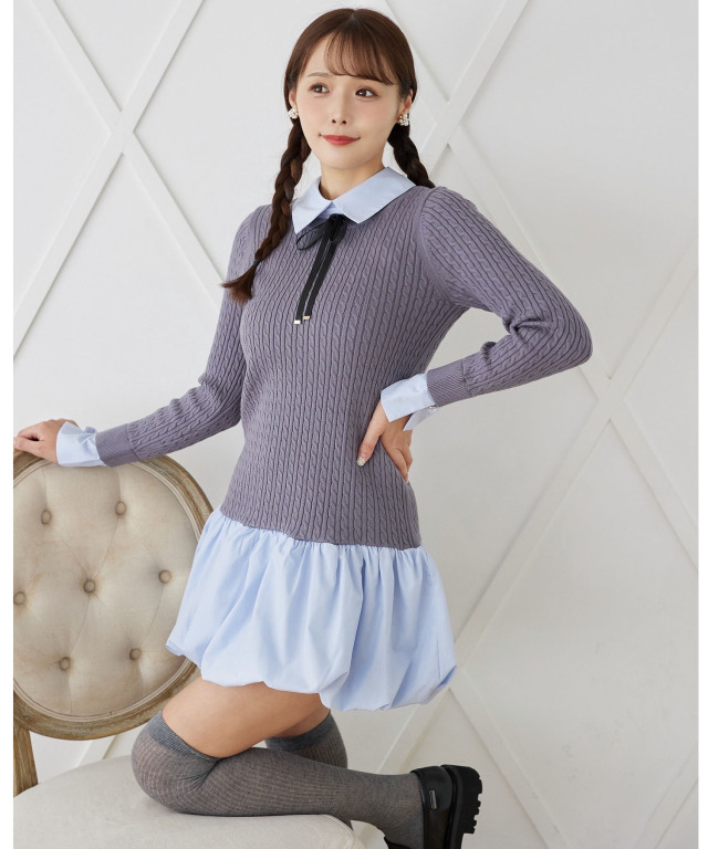coccoです♡ リボン付きケーブルニットドッキングシャツワンピース