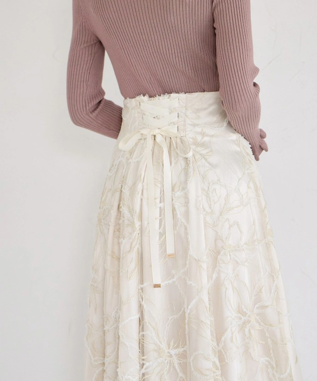 バックレースアップモールレースタックフレアスカート