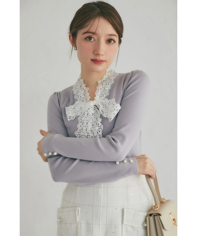 レースボウタイリボン付き配色ニットプルオーバー