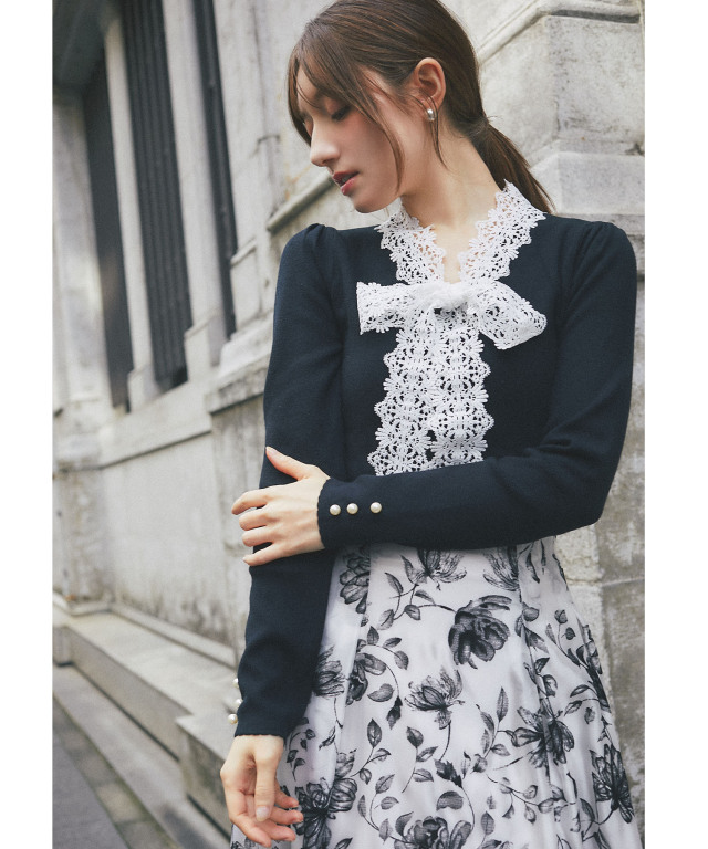 レースボウタイリボン付き配色ニットプルオーバー