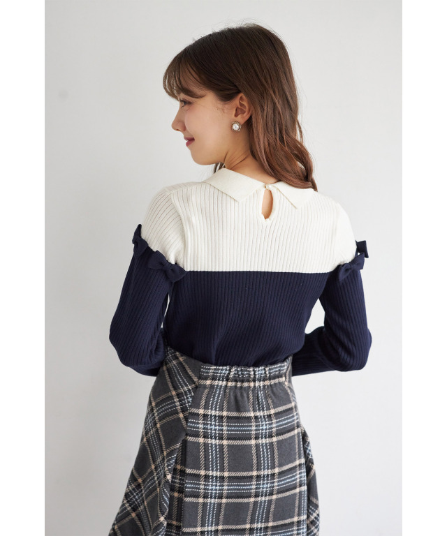 襟＆リボン付きバイカラーリブニットプルオーバー
