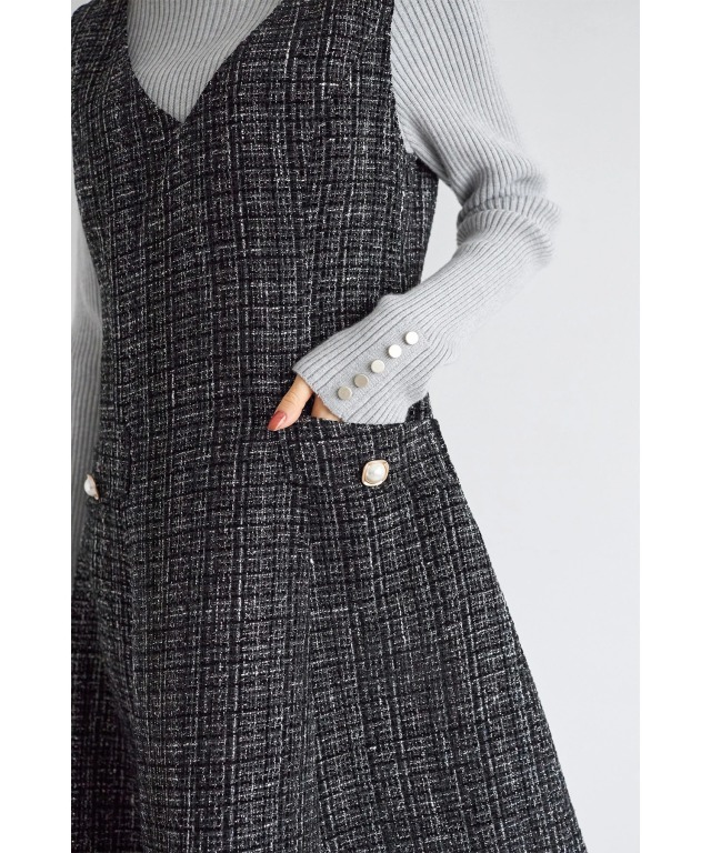 後ろリボン付き裾ベロアラインツイードジャンパースカート