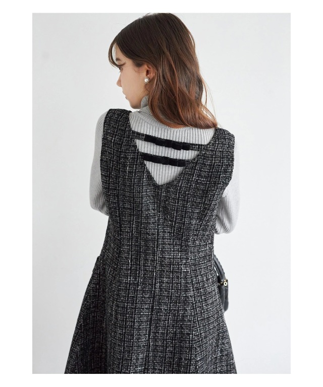 後ろリボン付き裾ベロアラインツイードジャンパースカート