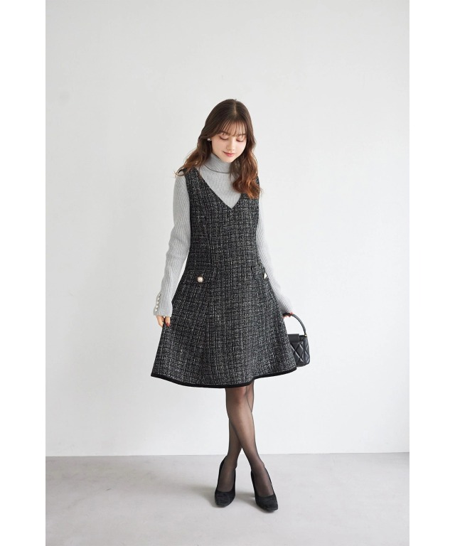 後ろリボン付き裾ベロアラインツイードジャンパースカート