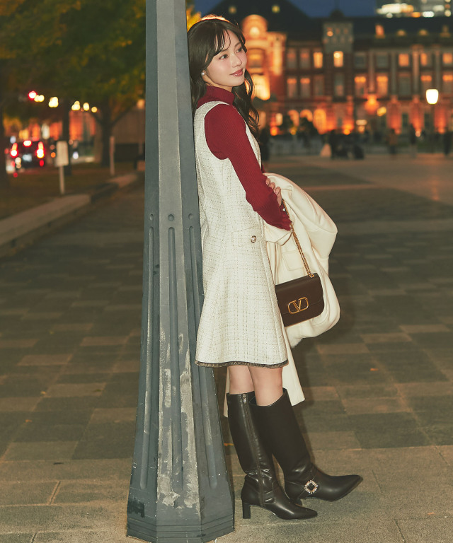 後ろリボン付き裾ベロアラインツイードジャンパースカート