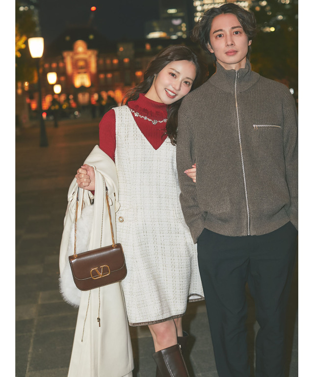 後ろリボン付き裾ベロアラインツイードジャンパースカート