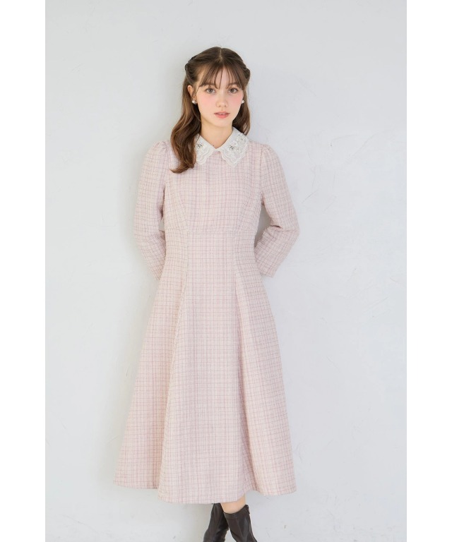 ビジュー×立体モチーフ付きオーガンジーフラワーレース襟ツイード