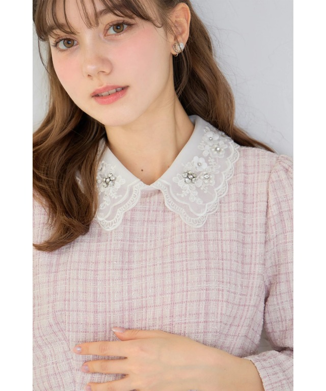 ビジュー×立体モチーフ付きオーガンジーフラワーレース襟ツイード