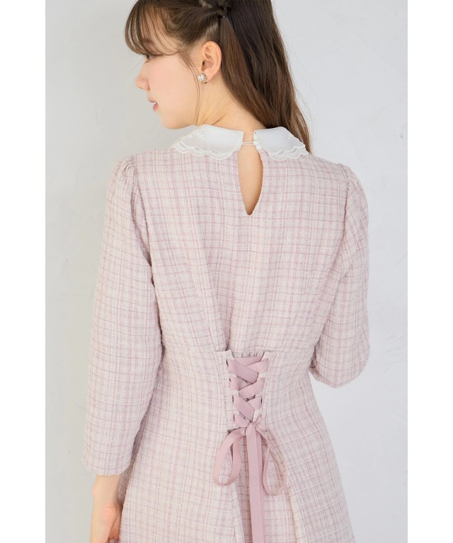 ビジュー×立体モチーフ付きオーガンジーフラワーレース襟ツイード