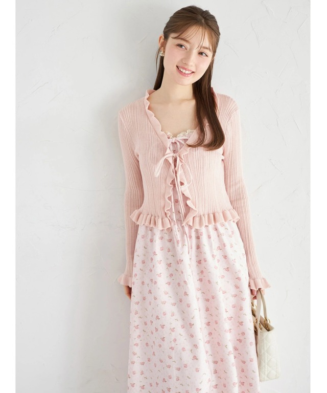 リボン付きフリルニットカーディガン×フラワープリントキャミ
