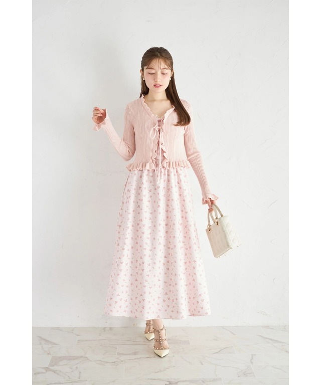 リボン付きフリルニットカーディガン×フラワープリントキャミ