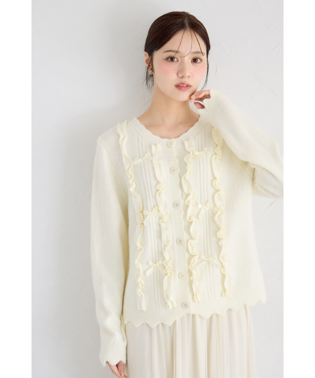 フリル＆リボン付きスカラップカットニットカーディガン
