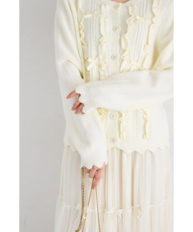 フリル＆リボン付きスカラップカットニットカーディガン