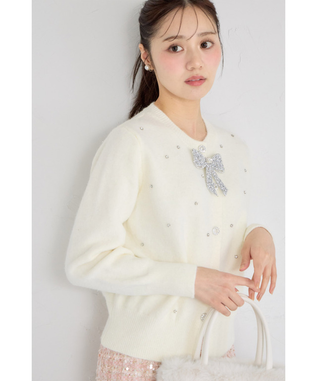 トッコクローゼット♡プチリボン＆ビジュー付き配色ニットカーディガン ホワイト トッコクローゼット♡プチリボン＆ビジュー付き配色ニットカーディガン