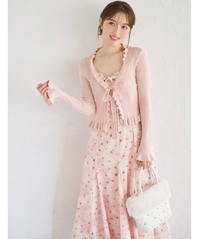 リボン付きフリルニットカーディガン×リボン付きフラワープリント