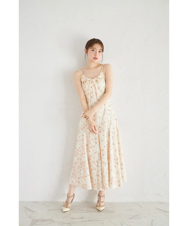 リボン付きフリルニットカーディガン×リボン付きフラワープリント