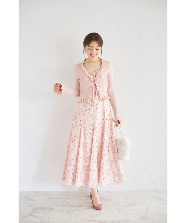 リボン付きフリルニットカーディガン×リボン付きフラワープリント