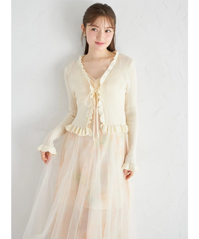 リボン付きフリルニットカーディガン×フラワーチュールプリントキャミ