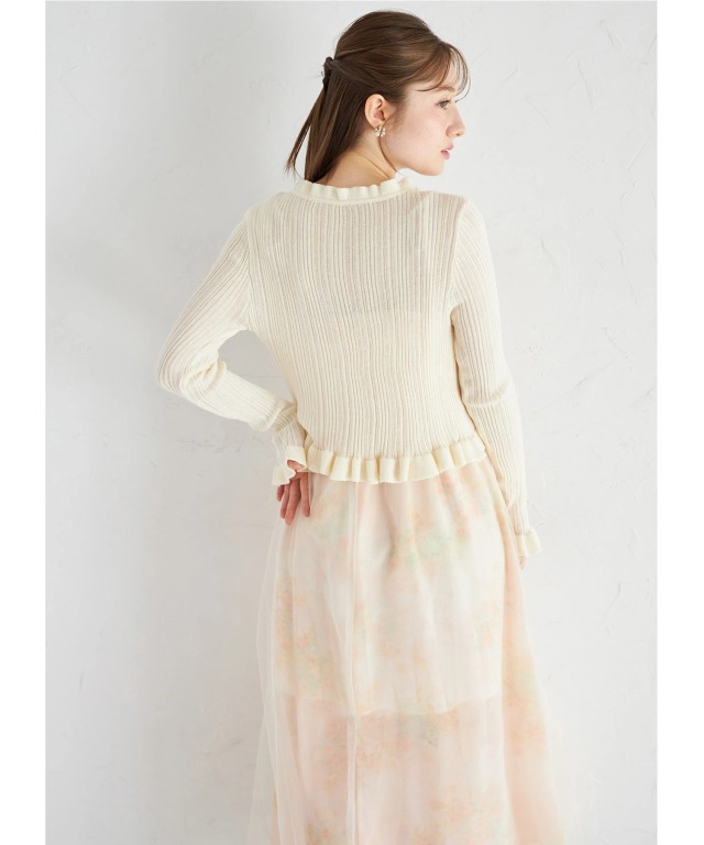 リボン付きフリルニットカーディガン×フラワーチュールプリントキャミ