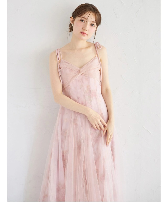 リボン付きフリルニットカーディガン×フラワーチュールプリントキャミ