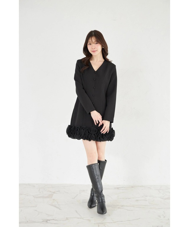 裾フラワーフリル付きミニワンピース