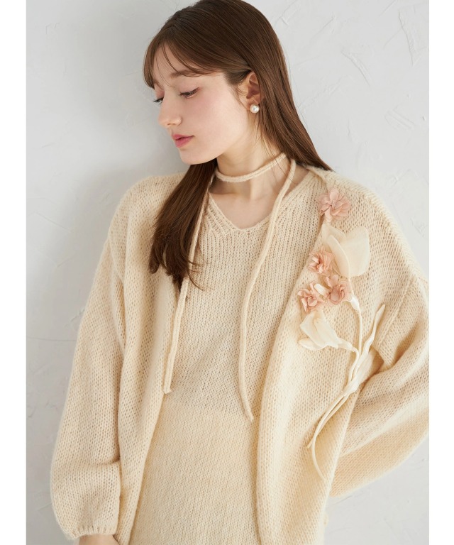 COMME des GARÇONS ベージュ系 ニット チョーカー付きニットベスト×立体フラワーモチーフ装飾ニット