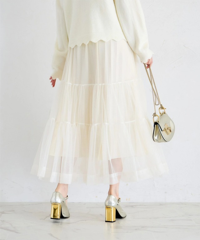 リボンパールモチーフ付きティアードチュールスカート