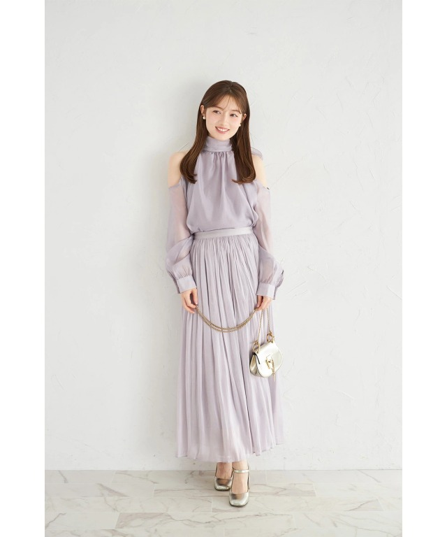 リボン付きシアーブラウス×シアーフレアスカートセットアップ