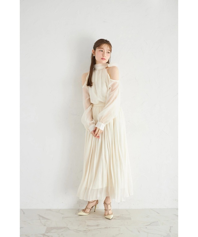 リボン付きシアーブラウス×シアーフレアスカートセットアップ