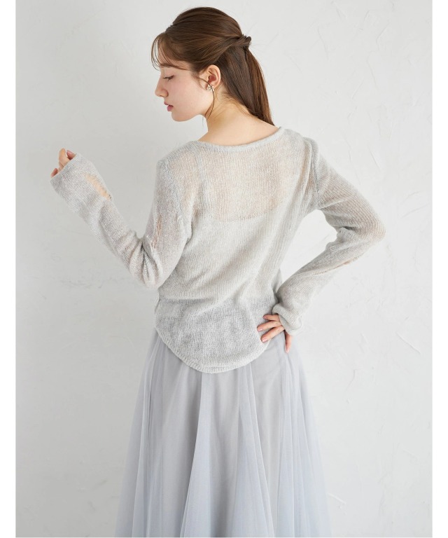 立体フラワーモチーフ付きフェザーニット×チュールスカートセット