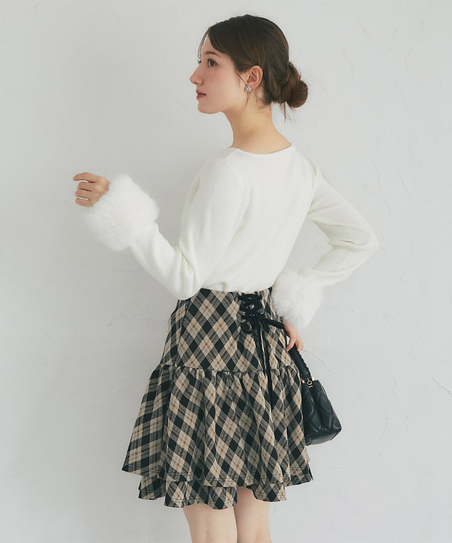 アーガイルチェック柄バックレースアップ2段ギャザーミニスカート